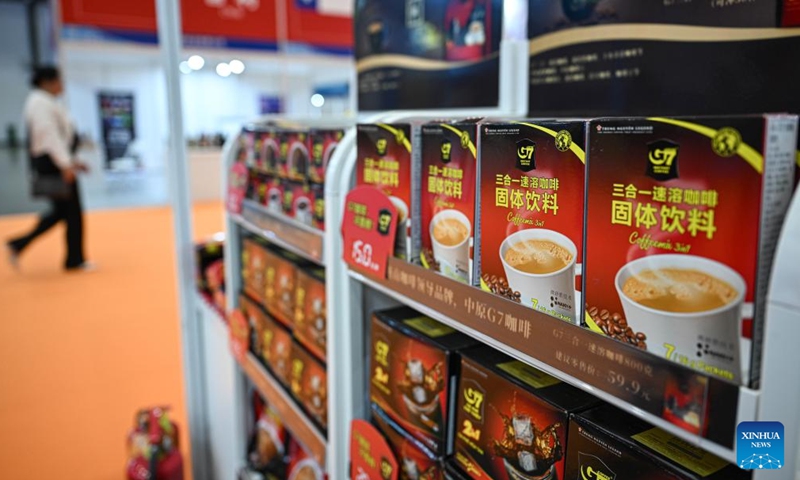 This photo taken on Oct. 17, 2024 shows coffee products from Vietnam at the 2nd Hainan International Tropical Food Supply Chain Expo in Haikou, south China's Hainan Province. In the first three quarters of this year, Hainan's total goods imports and exports hit 205.95 billion yuan (about 29 billion U.S. dollars), a 20.2 percent increase over the same period last year, according to official data released recently by Haikou Customs. (Photo: Xinhua)