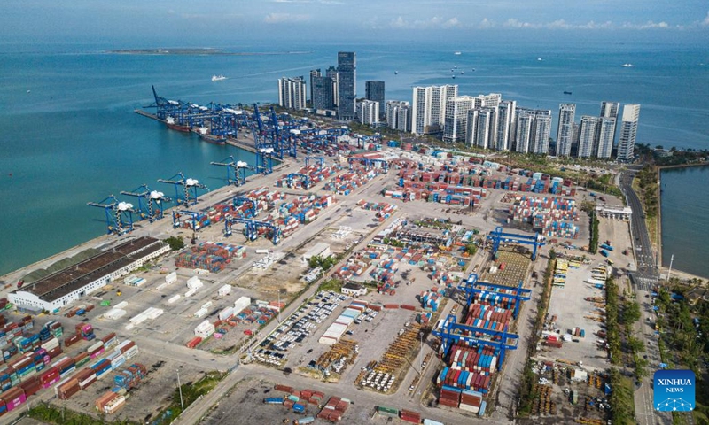 An aerial drone photo taken on Oct. 18, 2024 shows a container terminal in Haikou, south China's hainan Province. In the first three quarters of this year, Hainan's total goods imports and exports hit 205.95 billion yuan (about 29 billion U.S. dollars), a 20.2 percent increase over the same period last year, according to official data released recently by Haikou Customs. (Photo: Xinhua)