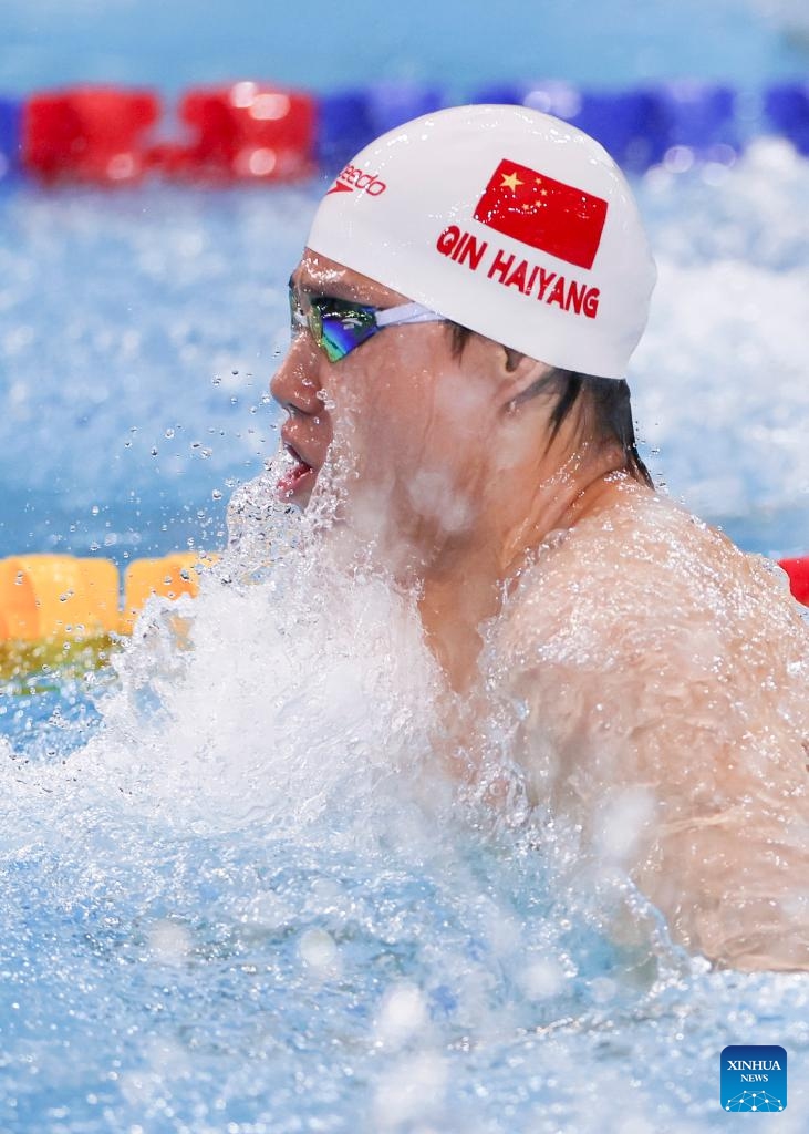 Qin Haiyang of China competes during the men's 50m breaststroke final at the World Aquatics Swimming World Cup 2024 in Shanghai, China, Oct. 19, 2024.  (Photo: Xinhua)