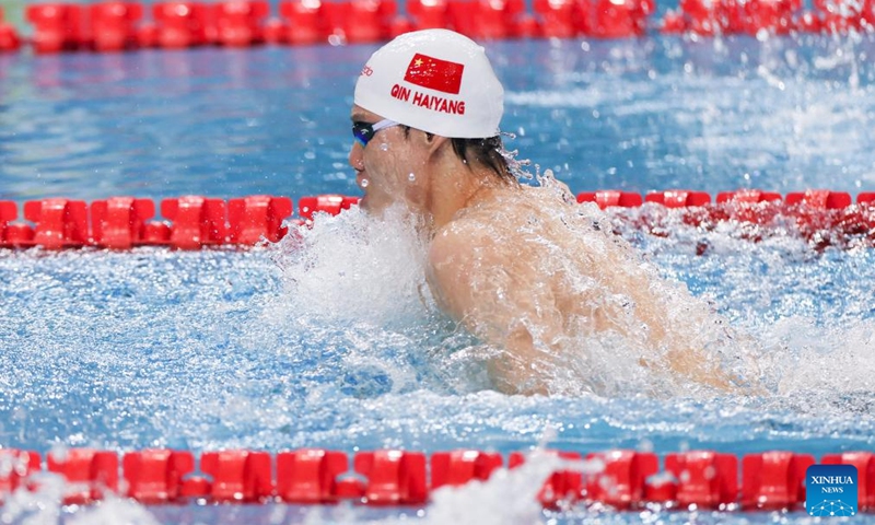 Qin Haiyang of China competes during the men's 50m breaststroke final at the World Aquatics Swimming World Cup 2024 in Shanghai, China, Oct. 19, 2024.  (Photo: Xinhua)