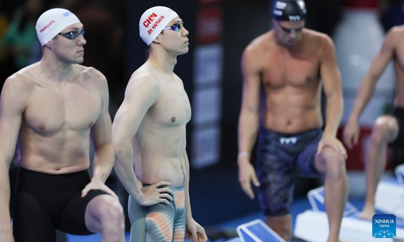 Qin Haiyang of China reacts before the men's 50m breaststroke final at the World Aquatics Swimming World Cup 2024 in Shanghai, China, Oct. 19, 2024.  (Photo: Xinhua)