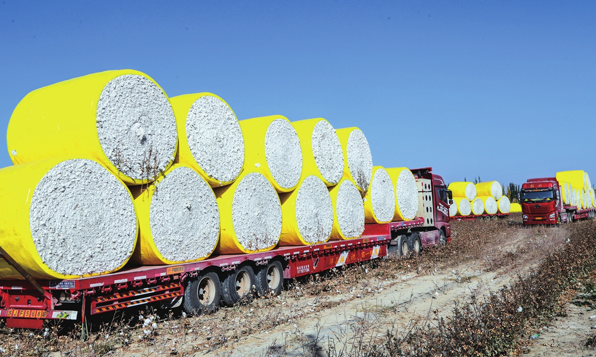 Bales of cotton ready for loading are seen in Awati County, Aksu City of Northwest China's Xinjiang Uygur Autonomous Region on October 21, 2024. The use of machines in cotton harvesting in the region has soared in recent decades to over 85 percent, the Xinhua News Agency has reported. Photo: VCG