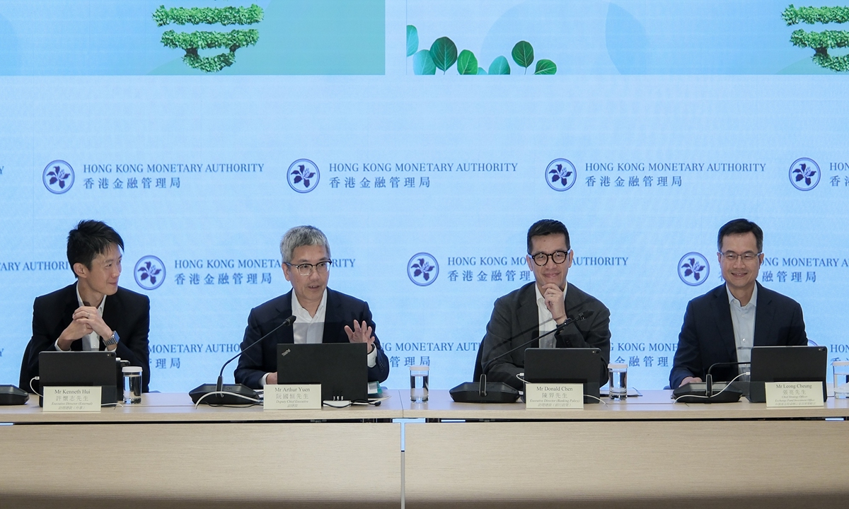 Officials with the Hong Kong Monetary Authority (HKMA) unveil the Sustainable Finance Action Agenda, setting out the vision to further consolidate Hong Kong's position as the sustainable finance hub in the region and support the sustainable development of Asia and beyond, on October 21, 2024, in the Hong Kong Special Administrative Region. Photo: VCG