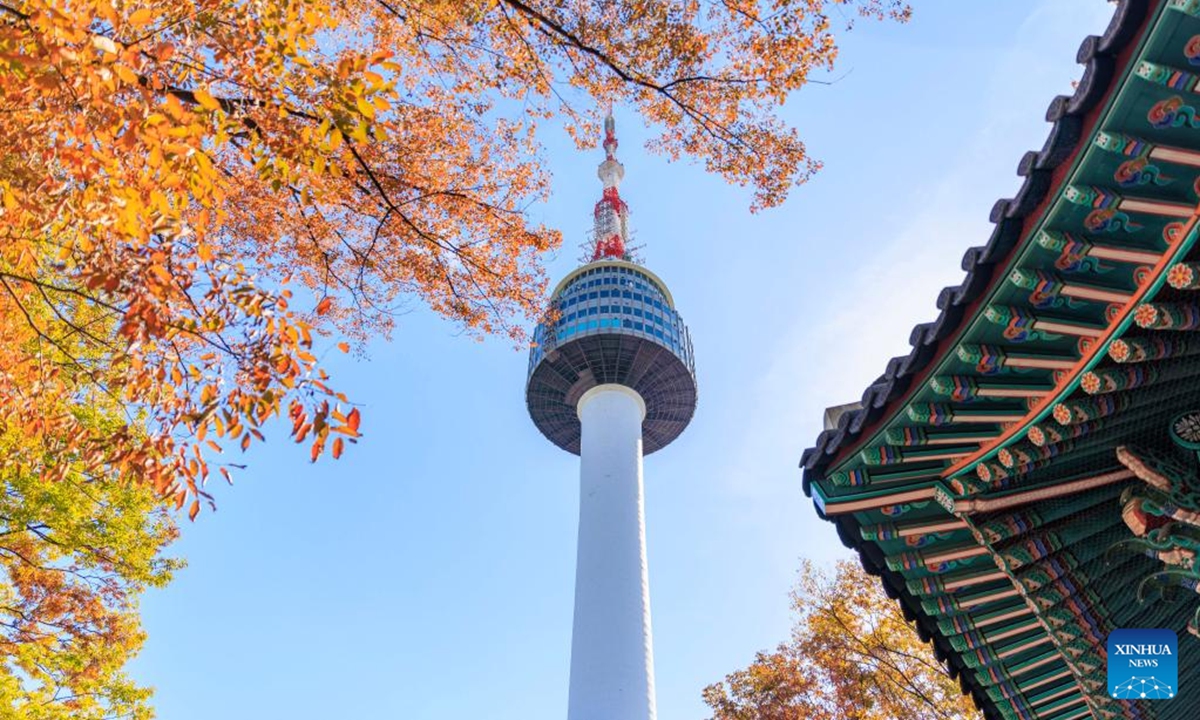 This photo taken on Oct. 20, 2024 shows the Namsan Seoul Tower amid autumn trees in Seoul, South Korea.   (Photo: Xinhua)