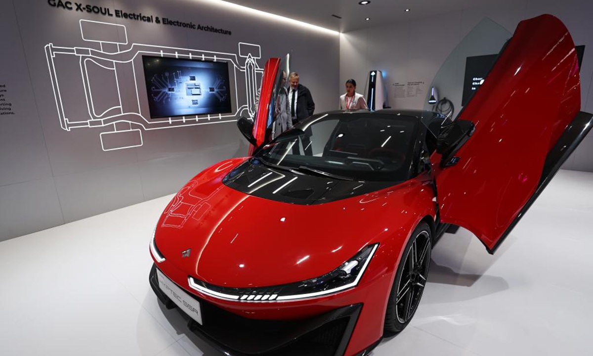 People visit the pavilion of the Guangzhou Automobile Group Co., Ltd. (GAC Group) at the 2024 Paris Motor Show during the media day in Paris, France, Oct. 14, 2024.   (Photo: Xinhua)