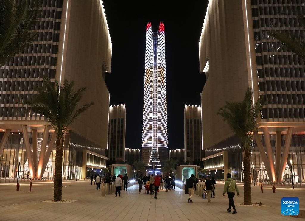 This photo taken on Oct. 21, 2024 shows a night view of the Central Business District (CBD) of Egypt's new administrative capital, east of Cairo, Egypt. (Photo: Xinhua)