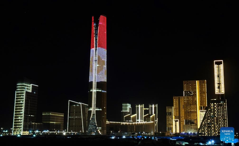 This photo taken on Oct. 21, 2024 shows a night view of the Central Business District (CBD) of Egypt's new administrative capital, east of Cairo, Egypt. (Photo: Xinhua)