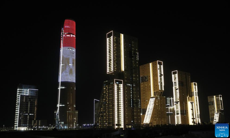 This photo taken on Oct. 21, 2024 shows a night view of the Central Business District (CBD) of Egypt's new administrative capital, east of Cairo, Egypt. (Photo: Xinhua)