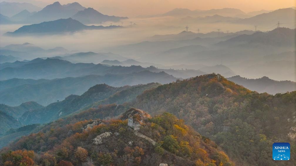 An aerial drone photo taken on Oct. 21, 2024 shows the morning scenery at the ancient Great Wall in Xiaochang Township, Zunhua City of north China's Hebei Province. (Photo: Xinhua)