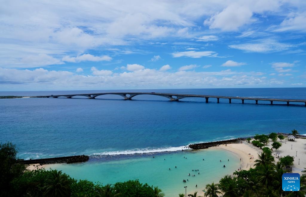 This photo taken on Oct. 1, 2024 from Male, Maldives, shows the China-Maldives Friendship Bridge. A park commemorating the China-Maldives Friendship Bridge was recently inaugurated in the Maldivian capital of Male. (Photo: Xinhua)