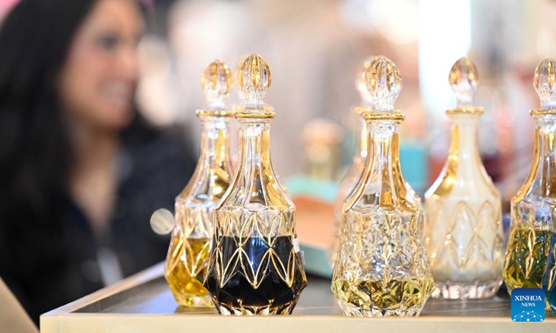 Perfumes are on display at the Perfumes and Cosmetics Exhibition in Hawalli Governorate, Kuwait, on Oct. 22, 2024. With the participation of more than 400 companies from Kuwait, Saudi Arabia, Oman, Bahrain, Qatar, and the Emirates, the exhibition kicked off here on Tuesday and will run until Nov. 2. (Photo: Xinhua)