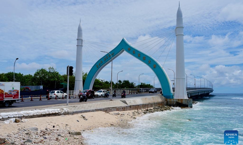 This photo taken on Oct. 1, 2024 from Male, Maldives, shows the China-Maldives Friendship Bridge. (Photo: Xinhua)