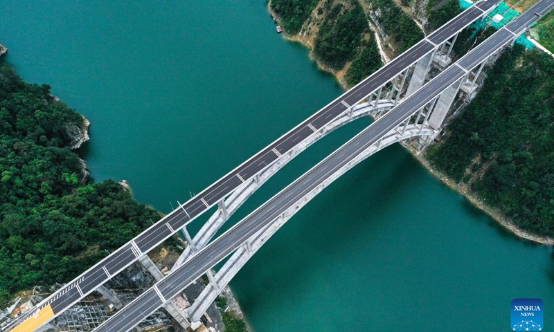 An aerial drone photo shows a section of an expressway linking Jianhe County and Liping County in southwest China's Guizhou Province, Oct. 20, 2024. With a total length of 74.754 kilometers, the expressway is expected to begin trial operations this year, cutting travel time between two counties to about one hour. (Photo: Xinhua)