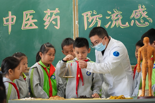 A TCM practitioner introduces herbal medicines to students at a primary school in Huzhou, East China's Zhejiang Province, on October 22, 2024. Photo: VCG 