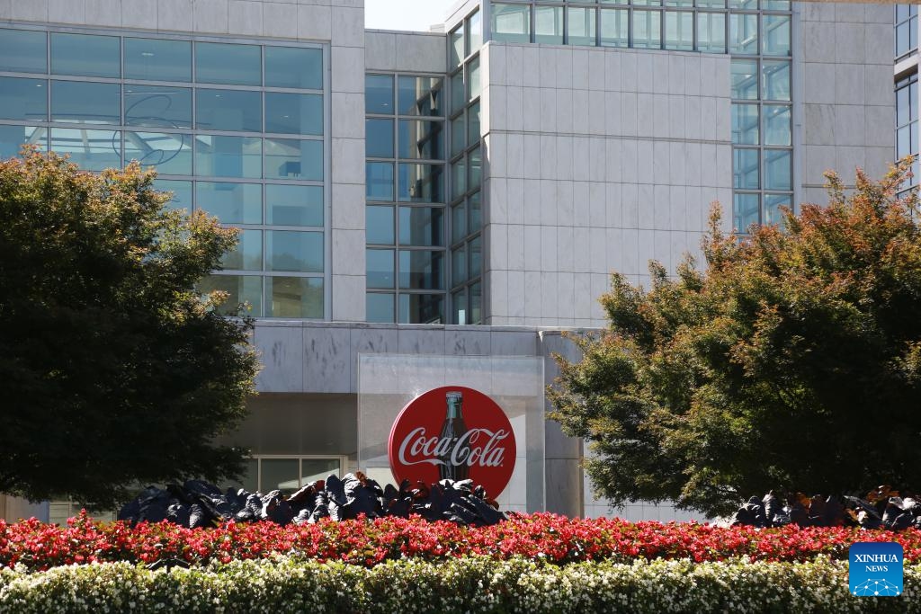 A Coca-Cola logo is seen at the entrance of the Coca-Cola Company in Atlanta, Georgia, the United States, on Oct. 23, 2024. Coca-Cola shares fell nearly 2 percent on Wednesday after the company reported weaker-than-expected third-quarter unit case volumes. (Photo: Xinhua)