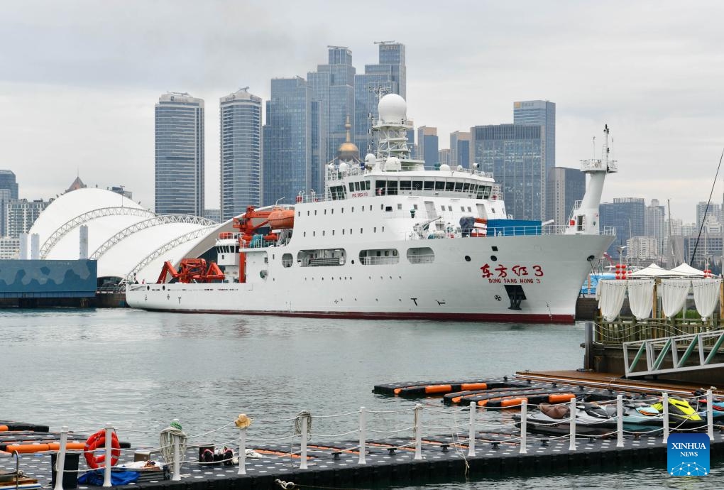 Research vessel Dong Fang Hong 3 of Ocean University of China is seen in Qingdao, east China's Shandong Province, Oct. 21, 2024. The 100th anniversary of the founding of Ocean University of China will fall on Oct. 25, 2024. (Photo: Xinhua)