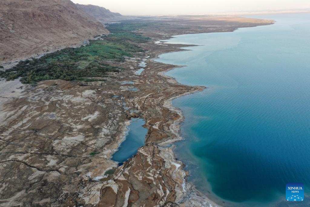 An aerial drone photo taken on Oct. 22, 2024 shows a view of the Dead Sea near Ein Gedi beach in Israel. (Photo: Xinhua)