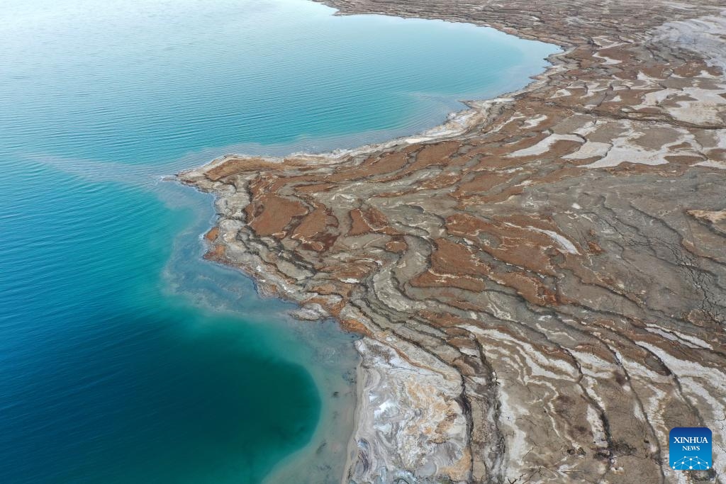 An aerial drone photo taken on Oct. 22, 2024 shows a view of the Dead Sea near Ein Gedi beach in Israel. (Photo: Xinhua)