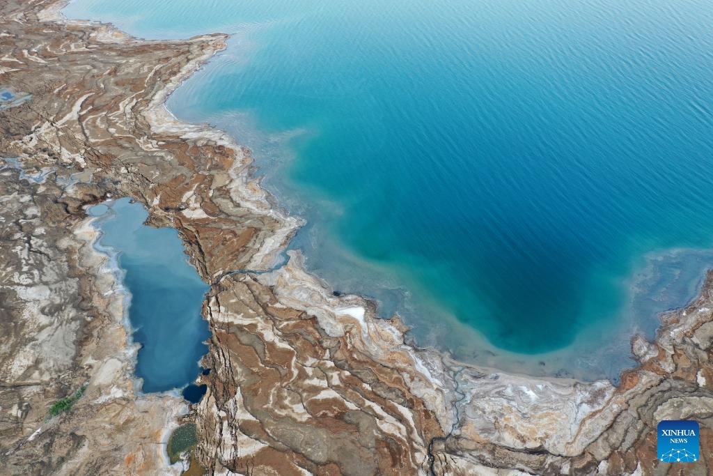 An aerial drone photo taken on Oct. 22, 2024 shows a view of the Dead Sea near Ein Gedi beach in Israel. (Photo: Xinhua)