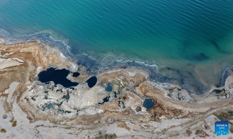 An aerial drone photo taken on Oct. 22, 2024 shows a view of the Dead Sea near Ein Gedi beach in Israel. (Photo: Xinhua)