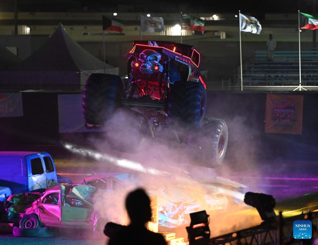 A Hot Wheels Monster Truck performs during a show in Mubarak Al-Kabeer Governorate, Kuwait, Oct. 23, 2024. The show named Hot Wheels Monster Trucks Live Glow Party kicked off on Wednesday at Kuwait's Mubarak Al-Kabeer Governorate, and will last from Oct. 23 to 26 for four different performances. (Photo: Xinhua)