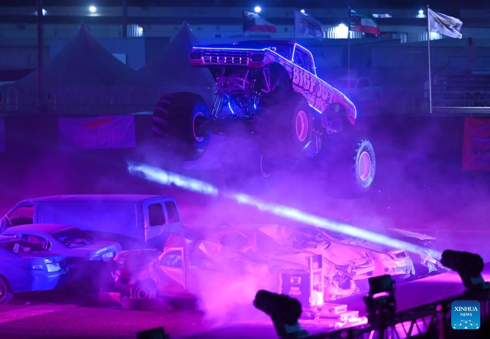 A Hot Wheels Monster Truck performs during a show in Mubarak Al-Kabeer Governorate, Kuwait, Oct. 23, 2024. The show named Hot Wheels Monster Trucks Live Glow Party kicked off on Wednesday at Kuwait's Mubarak Al-Kabeer Governorate, and will last from Oct. 23 to 26 for four different performances. (Photo: Xinhua)