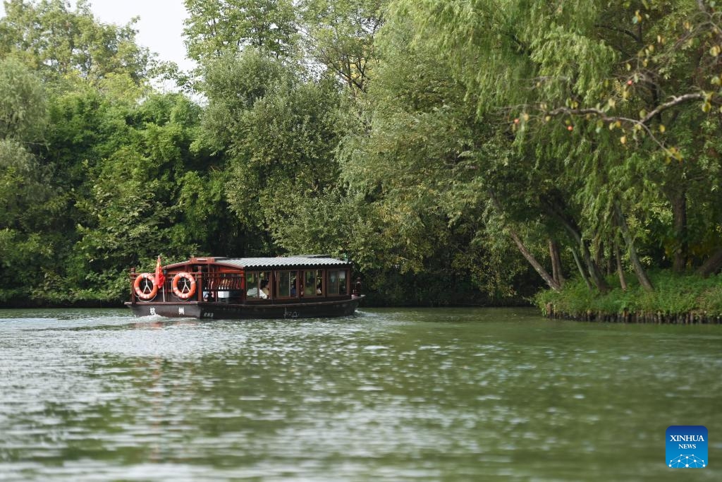 Tourists take a sightseeing boat at the Xixi National Wetland Park in Hangzhou, east China's Zhejiang Province, Oct. 24, 2024. The wetland park attracts many tourists with its beautiful autumn scenery. (Photo: Xinhua)