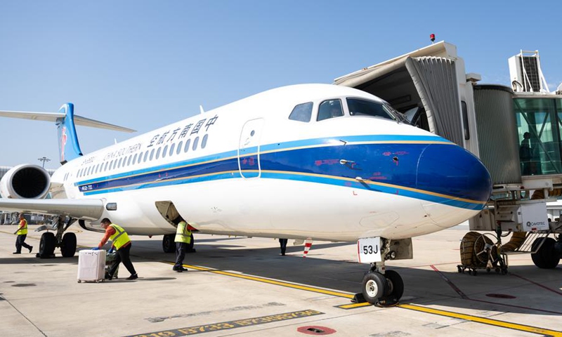 A China's homegrown ARJ21 jetliner is pictured at Wuhan Tianhe International Airport in Wuhan, central China's Hubei Province, Oct. 25, 2024. (Photo: Xinhua)