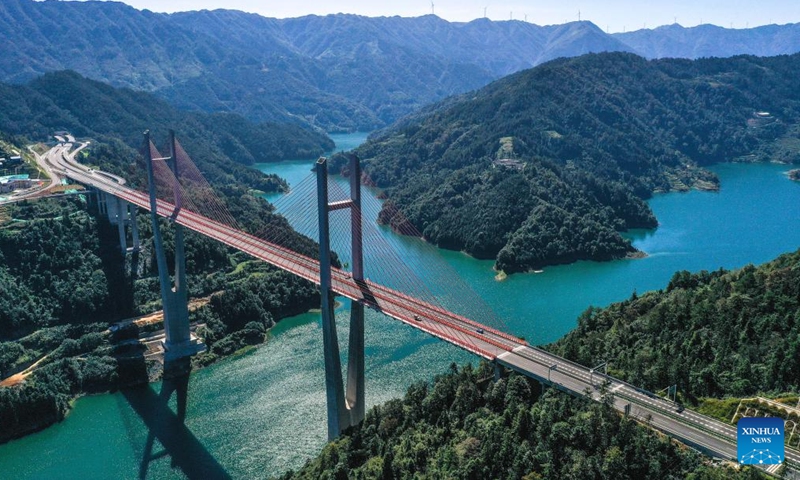 An aerial drone photo taken on Oct. 25, 2024 shows Nanmengxi bridge of the Jianhe-Liping expressway in southwest China's Guizhou Province. The Jianhe-Liping expressway was opened to traffic on Friday, shortening the travel time between Jianhe County and Liping County of Guizhou Province to about one hour. The main line of this expressway stretches 74.754 kilometers. (Photo: Xinhua)