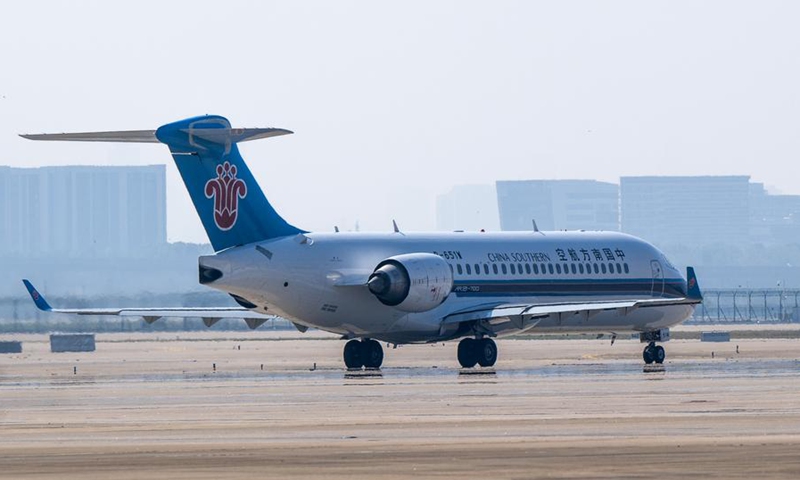 A China's homegrown ARJ21 jetliner is pictured at Wuhan Tianhe International Airport in Wuhan, central China's Hubei Province, Oct. 25, 2024. (Photo: Xinhua)