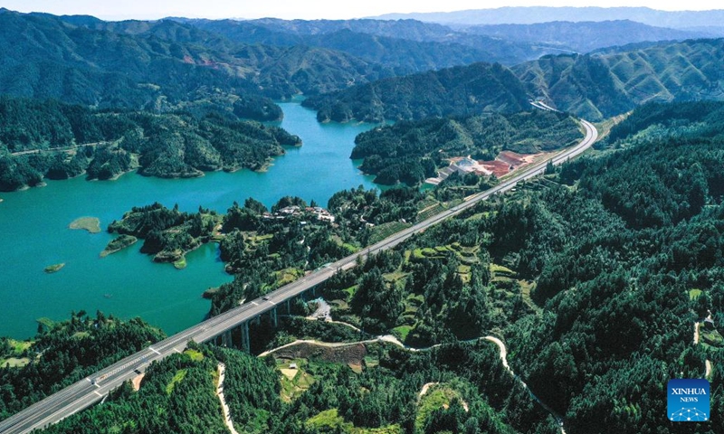 An aerial drone photo taken on Oct. 25, 2024 shows a section of the Jianhe-Liping expressway in southwest China's Guizhou Province. The Jianhe-Liping expressway was opened to traffic on Friday, shortening the travel time between Jianhe County and Liping County of Guizhou Province to about one hour. The main line of this expressway stretches 74.754 kilometers. (Photo: Xinhua)