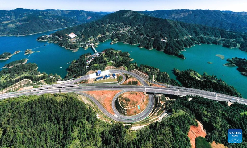 An aerial drone photo taken on Oct. 25, 2024 shows a section of the Jianhe-Liping expressway in southwest China's Guizhou Province. (Photo: Xinhua)