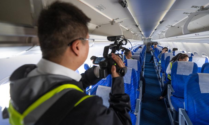 This photo taken on Oct. 25, 2024 shows an interior view of a China's homegrown ARJ21 jetliner at Wuhan Tianhe International Airport in Wuhan, central China's Hubei Province. (Photo: Xinhua)