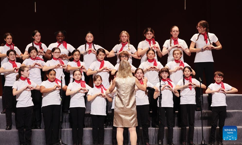 A children's chorus from Paris performs during a Sino-French children's chorus festival held at Hainan Song and Dance Theater in Haikou, south China's Hainan Province, Oct. 25, 2024. (Photo: Xinhua)