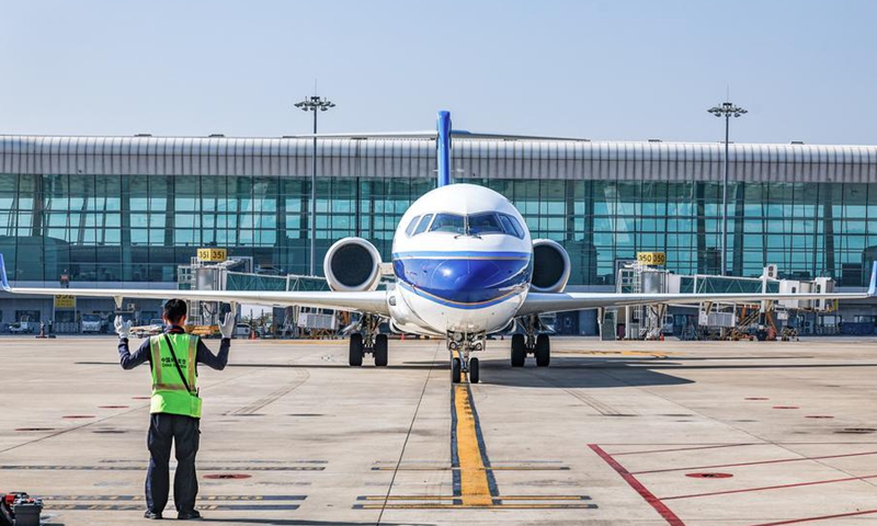 A China's homegrown ARJ21 jetliner is pictured at Wuhan Tianhe International Airport in Wuhan, central China's Hubei Province, Oct. 25, 2024. (Photo: Xinhua)