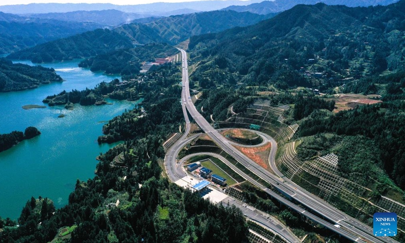 An aerial drone photo taken on Oct. 25, 2024 shows a section of the Jianhe-Liping expressway in southwest China's Guizhou Province. The Jianhe-Liping expressway was opened to traffic on Friday, shortening the travel time between Jianhe County and Liping County of Guizhou Province to about one hour. The main line of this expressway stretches 74.754 kilometers. (Photo: Xinhua)