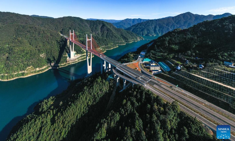 An aerial drone photo taken on Oct. 25, 2024 shows a section of the Jianhe-Liping expressway in southwest China's Guizhou Province. The Jianhe-Liping expressway was opened to traffic on Friday, shortening the travel time between Jianhe County and Liping County of Guizhou Province to about one hour. The main line of this expressway stretches 74.754 kilometers. (Photo: Xinhua)