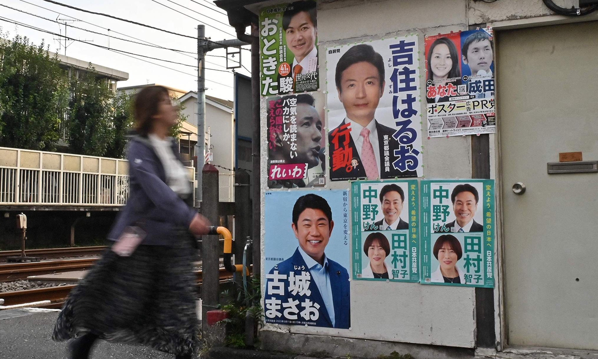 A woman walks past political posters before polls open for elections to Japan's lower house in Tokyo on October 27, 2024. Photo: VCG