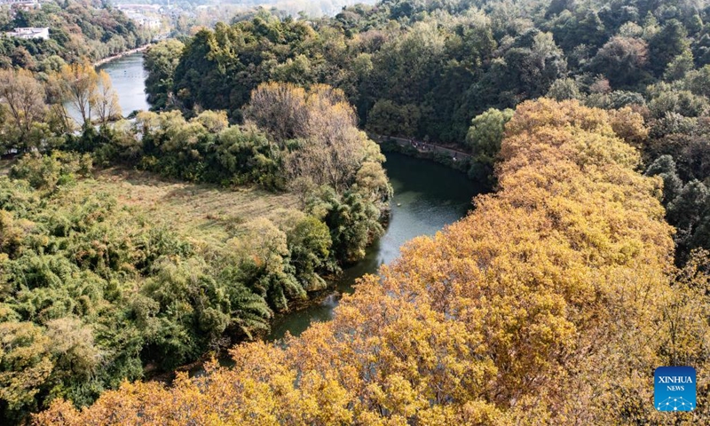 An aerial drone photo taken on Oct. 27, 2024 shows the scenery of Huaxi National Urban Wetland Park in Guiyang, capital of southwest China's Guizhou Province. (Photo: Xinhua)