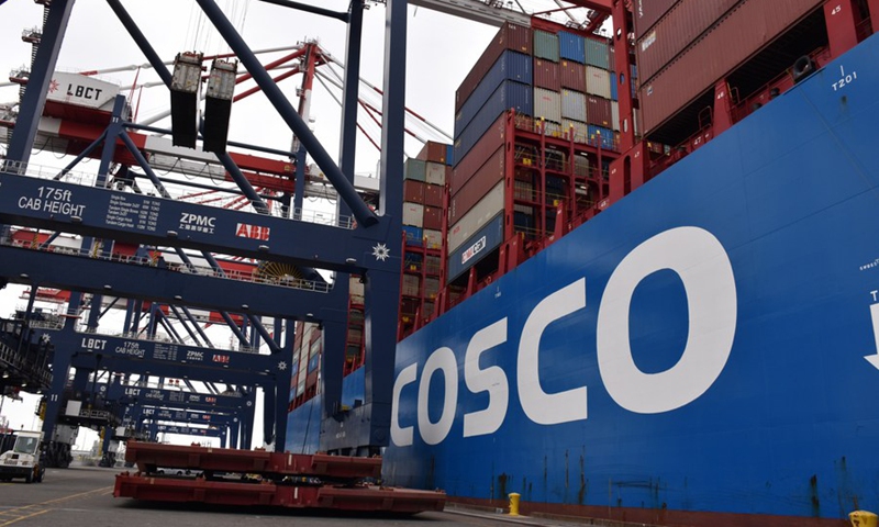 A container ship of China's COSCO Shipping docks at a new container terminal of the Port of Long Beach in California, the US. File photo: Xinhua