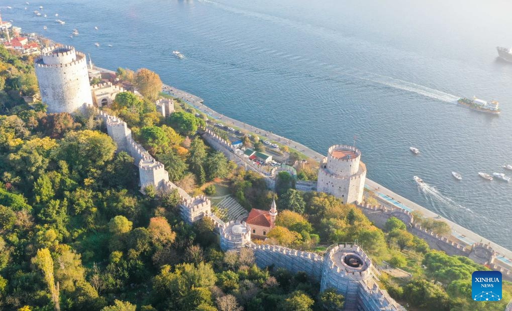 An aerial drone photo taken on Oct. 29, 2024 shows a view of Rumeli Fortress in Istanbul, Türkiye. Rumeli Fortress, a typical example of Ottoman military architecture, is located on the west side of the Bosphorus Strait in Istanbul. (Photo: Xinhua)