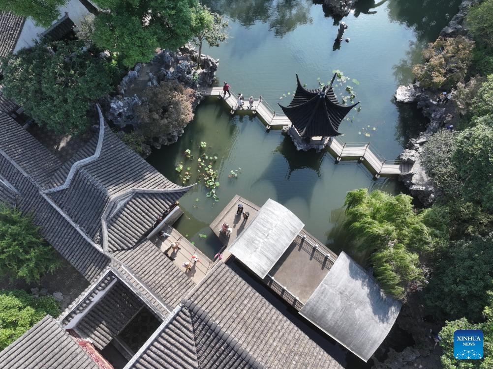 An aerial drone photo taken on Oct. 23, 2024 shows the scenery of Lion Grove Garden in Suzhou, east China's Jiangsu Province. About a 20-minute ride by high-speed train from east China's Shanghai, Suzhou is one of the richest cities in China, with its more than 100 classical gardens considered some of the most beautiful in the country, and nine of them serving as UNESCO world heritage sites. (Photo: Xinhua)