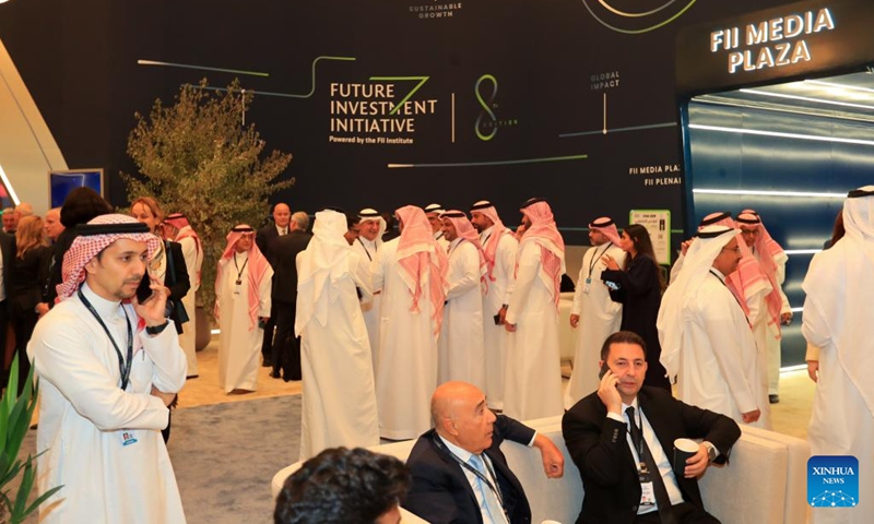 People attend the 8th Future Investment Initiative (FII) conference in Riyadh, Saudi Arabia, on Oct. 29, 2024. The 8th Future Investment Initiative (FII) conference kicked off on Tuesday in Saudi Arabia's capital Riyadh. Dubbed Davos in the Desert, the FII conference is the largest international investment and innovation forum in the Middle East, attracting many political and business leaders every year. (Photo: Xinhua)