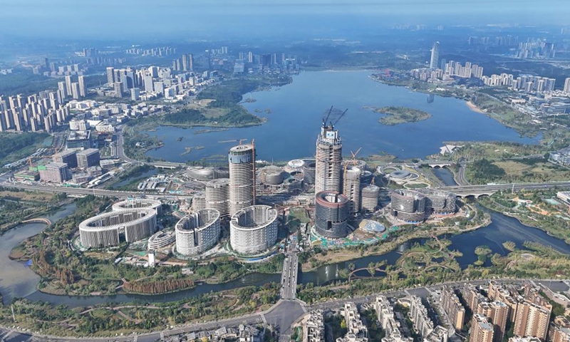 An aerial drone photo taken on Oct. 23, 2024 shows the Chengdu Science and Technology Ecological Island under construction in Tianfu New Area, southwest China's Sichuan Province. Ten years ago, the Tianfu New Area was officially approved as a national-level new economic zone. Prioritizing ecology and green development, the Tianfu New Area has taken construction of a park city as one of its guidelines. (Photo: Xinhua)