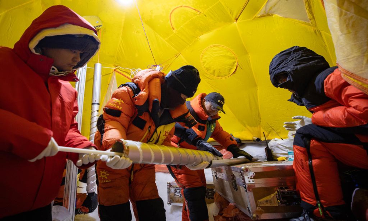 Chinese scientists have successfully extracted a 324-meter ice core with domestically-made drilling equipment in Purog Kangri Glacier in Tsonyi, China's highest-altitude county. Photo: Xinhua News Agency