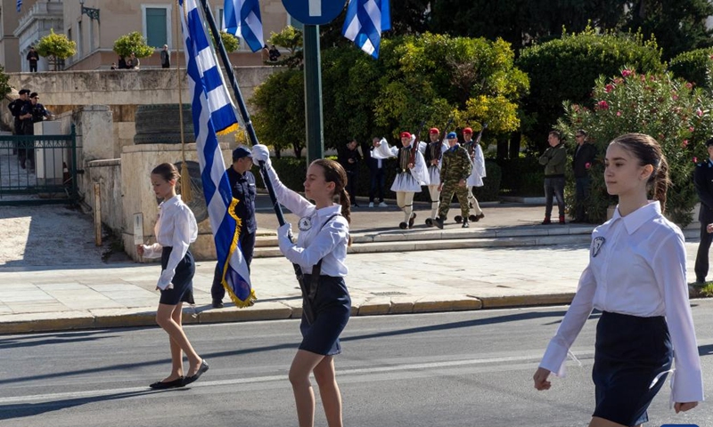 Students attend a national Ochi (No) Day parade in Athens, Greece, Oct. 28, 2024. Ochi was the response given on Oct. 28, 1940, by the then head of the Greek government to Italy's ultimatum to surrender the country to the Axis forces. It marked Greece's entry in World War Two. (Photo: Xinhua)