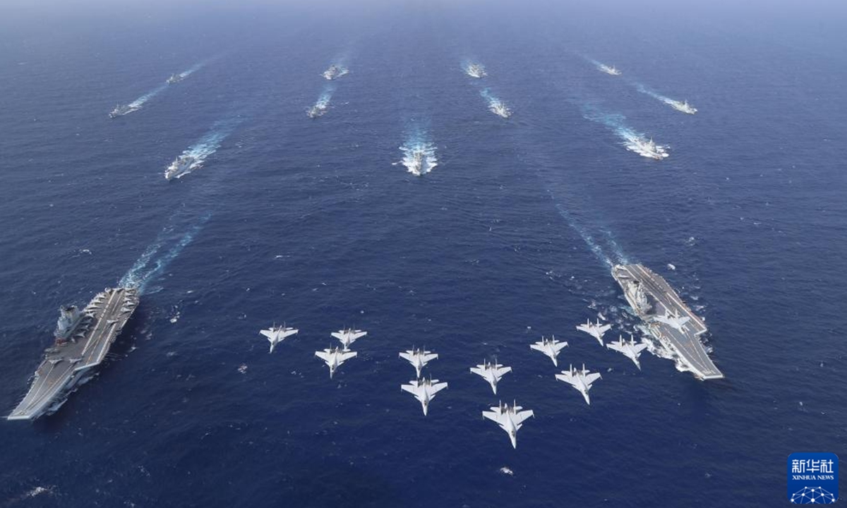 The aircraft carriers <em>Liaoning</em> and <em>Shandong</em> of the Chinese People's Liberation Army (PLA) Navy hold their first dual-carrier formation exercise in the South China Sea in Autumn 2024. Photo: Xinhua News Agency