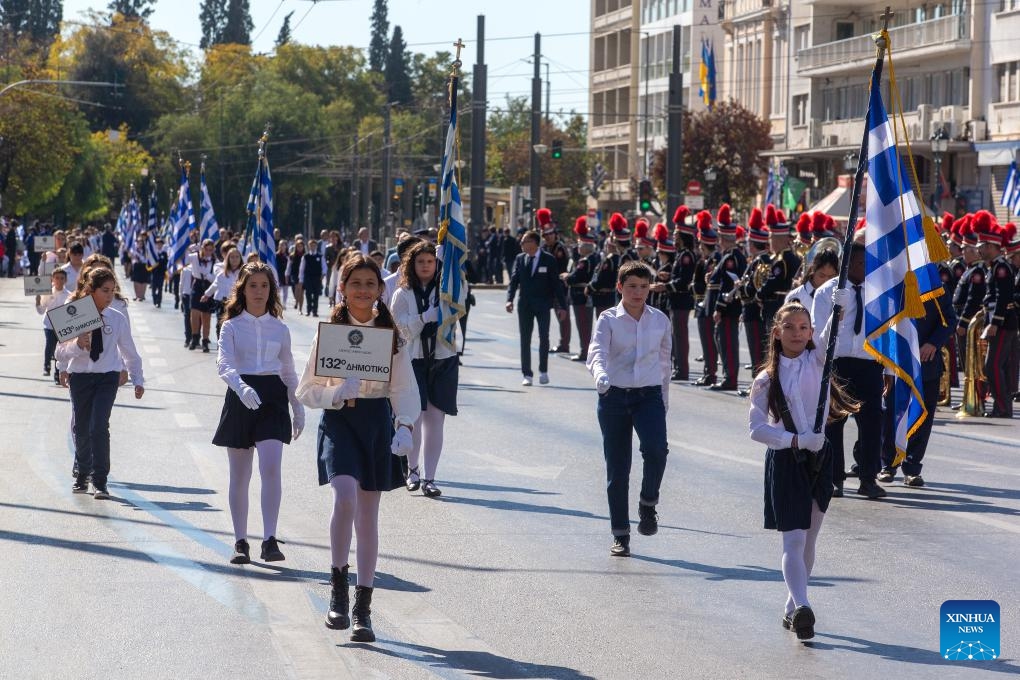 Students attend a national Ochi (No) Day parade in Athens, Greece, Oct. 28, 2024. Ochi was the response given on Oct. 28, 1940, by the then head of the Greek government to Italy's ultimatum to surrender the country to the Axis forces. It marked Greece's entry in World War Two. (Photo: Xinhua)