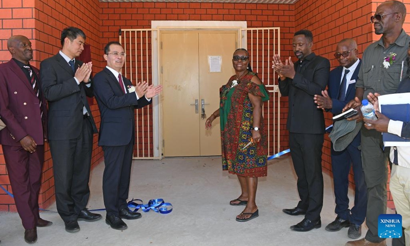 Guests attend a ribbon-cutting ceremony at Satotwa Primary School in the Kavango West region in Namibia, Oct. 28, 2024. The Namibian government on Monday accepted the handover of four China-aided schools in the Kavango West and Zambezi regions of the southern African country. (Photo: Xinhua)