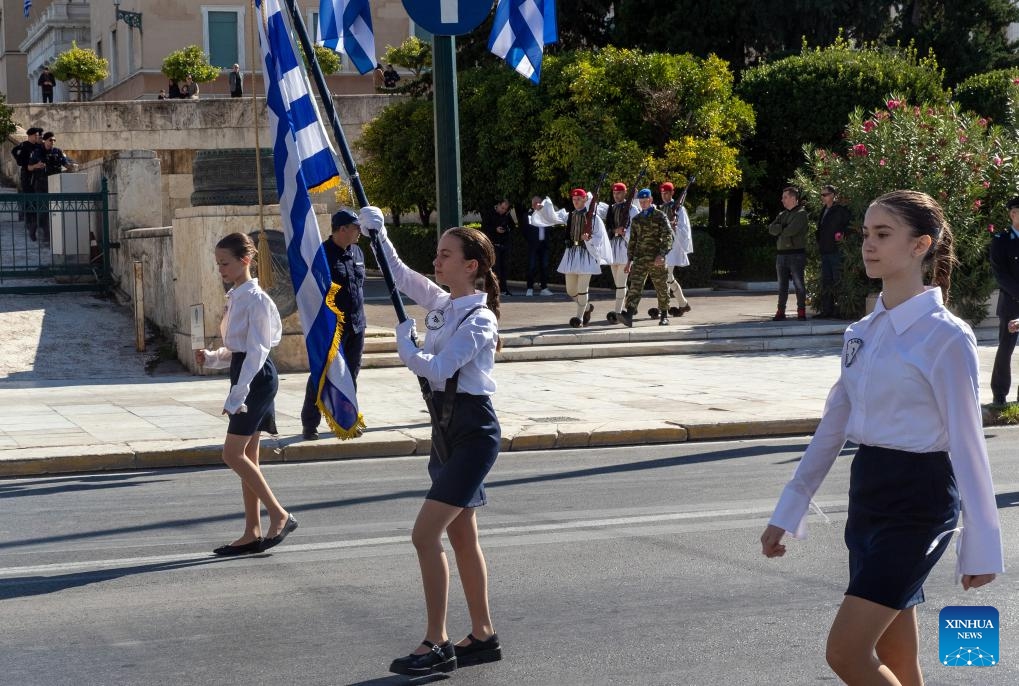 Students attend a national Ochi (No) Day parade in Athens, Greece, Oct. 28, 2024. Ochi was the response given on Oct. 28, 1940, by the then head of the Greek government to Italy's ultimatum to surrender the country to the Axis forces. It marked Greece's entry in World War Two. (Photo: Xinhua)